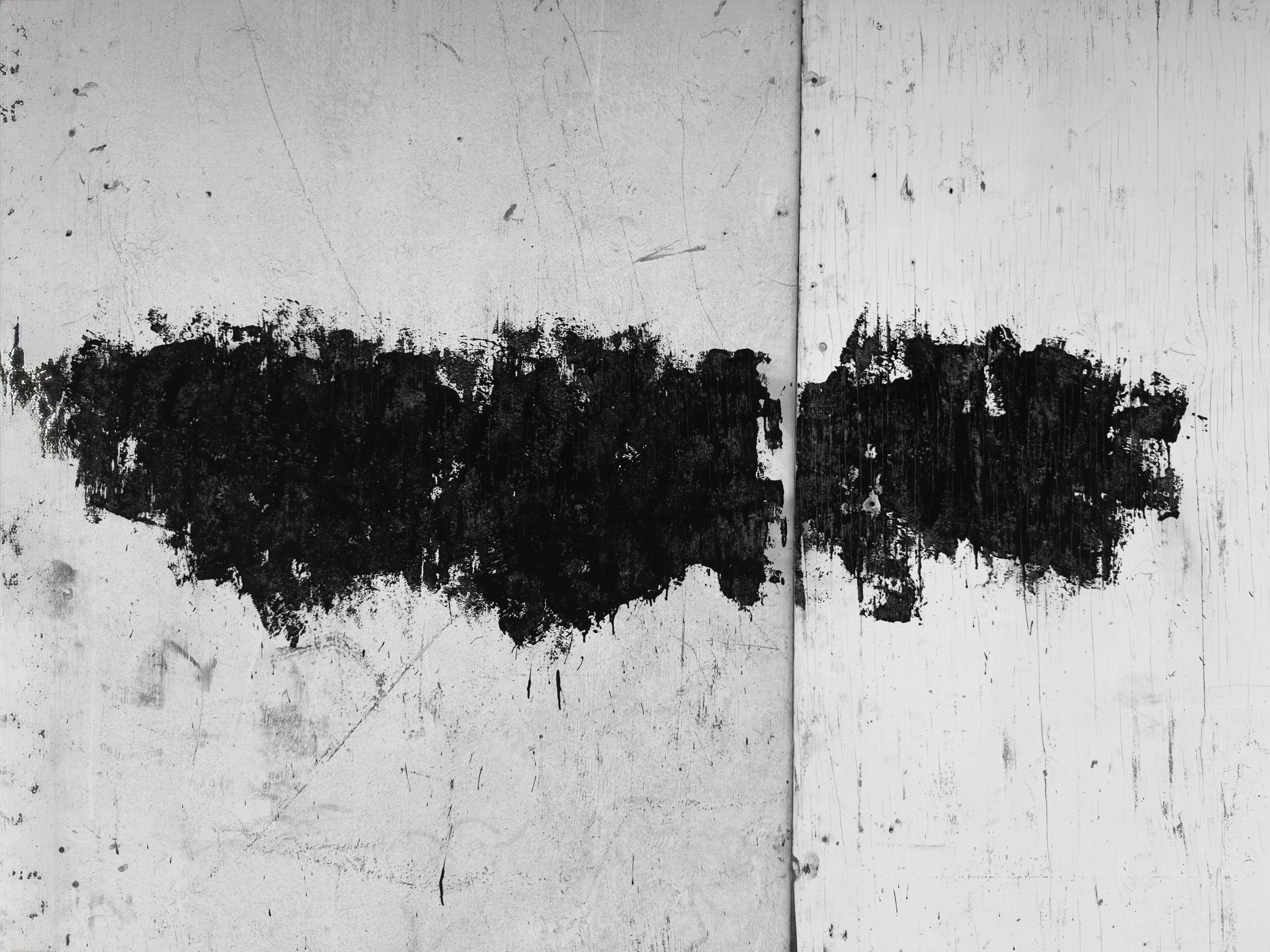 horizon - glyph | LA - A wide-angle, horizontal composition of black paint fragments stretching across a weathered city wall. Industrial noir black-and-white photography, Los Angeles, California. 1/1 archival pigment print by Barton Caplan